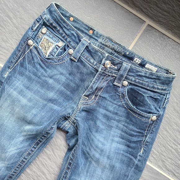 Miss Me Signature Rise Boot Cut Blue Jeans Sequin Western Embroidered Denim 27 - Picture 4 of 13